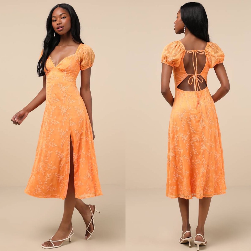 Lulus Blossoming with Charm Orange Embroidered Tie-Back Midi Dress Size Medium